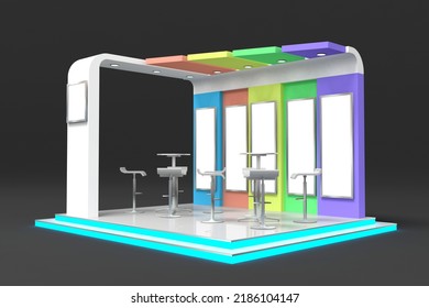 3d Illustration Stand Booth Colorful Decoration With Blank Space Logo Title Company Neon Box Lighted Flooring And Barstool Table For Event Exhibition. Image Background Isolated.