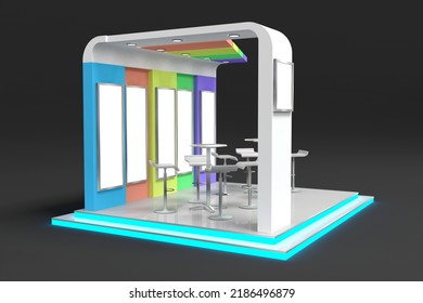 3d Illustration Stand Booth Colorful Decoration With Blank Space Logo Title Company Neon Box Lighted Flooring And Barstool Table For Event Exhibition. Image Background Isolated.