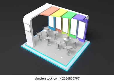 3d Illustration Stand Booth Colorful Decoration With Blank Space Logo Title Company Neon Box Lighted Flooring And Barstool Table For Event Exhibition. Image Background Isolated.