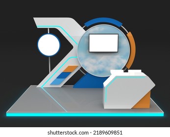 3d Illustration Stand Booth Digital Futuristic Technology Design Decoration With Blank Space LED TV Screen And Table Barstool Information Desk For Event Exhibition. Image Background Isolated.