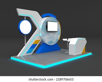 3d Illustration Stand Booth Digital Futuristic Technology Design Decoration With Blank Space LED TV Screen And Table Barstool Information Desk For Event Exhibition. Image Background Isolated.