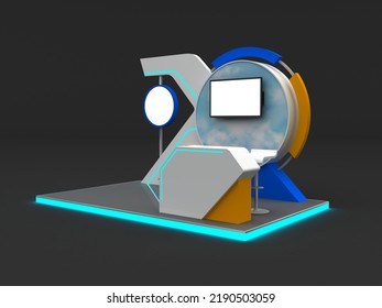 3d Illustration Stand Booth Digital Futuristic Technology Design Decoration With Blank Space LED TV Screen And Table Barstool Information Desk For Event Exhibition. Image Background Isolated.