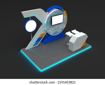 3d Illustration Stand Booth Digital Futuristic Technology Design Decoration With Blank Space LED TV Screen And Table Barstool Information Desk For Event Exhibition. Image Background Isolated.