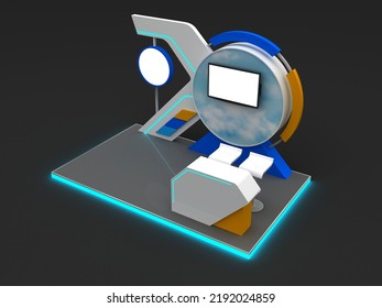 3d Illustration Stand Booth Digital Futuristic Technology Design Decoration With Blank Space LED TV Screen And Table Barstool Information Desk For Event Exhibition. Image Background Isolated.