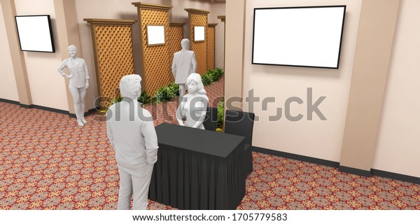 3d\
illustration stand booth divider backdrop in hallway foyer ballroom\
 preview with receptionist registration information table for event\
exhibition seminar and blank TV logo\
company.