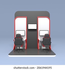 3d Illustration Stand Booth Game Competition With Blank LED TV Screen Logo Company And Chair Backdrop For Event Exhibition. Image Isolated.