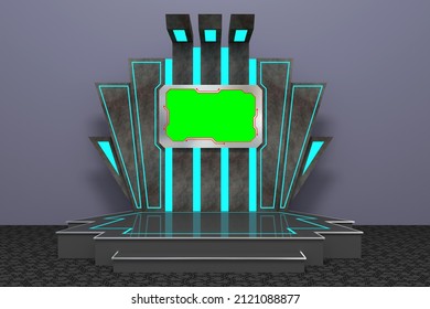 3d Illustration Stand Booth Hi-tech Digital Decoration With Blank LED TV Green Screen Display Game Augmented 
 Virtual Reality For Event Exhibition. 