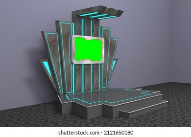 3d Illustration Stand Booth Hi-tech Digital Decoration With Blank LED TV Green Screen Display Game Augmented Virtual Reality For Event Exhibition. 