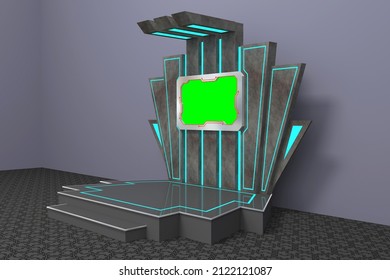 3d Illustration Stand Booth Hi-tech Digital Decoration With Blank LED TV Green Screen Display Game Augmented Virtual Reality For Event Exhibition. 