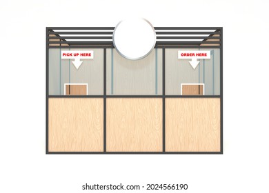 3d illustration stand booth portable knockdown kiosk wooden texture stainless construction with order and pick up text for registration event food drink blank space logo company. Image isolated.