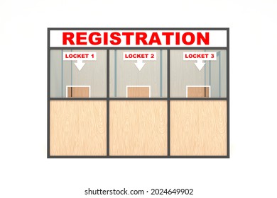 3d illustration stand booth portable backdrop registration with locket text wood texture and stainless steel construction for event exhibition. Image isolated.