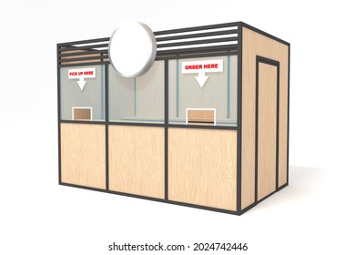 3d illustration stand booth portable knockdown kiosk wooden texture stainless construction with order and pick up text for registration event food drink blank space logo company. Image isolated.