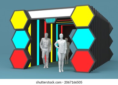 3d Illustration Stand Booth For Receptionist Registration Information With Blank Space Logo Company Colorful Light Box Hexagonal Futuristic High Technology Decoration Event Exhibition Isolated.