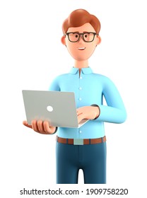 3D illustration of standing happy man holding laptop. Close up portrait of cartoon smiling businessman using computer, isolated on white background. Communication, working in office concept. 