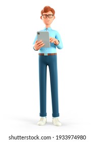 3D Illustration Of Standing Happy Man Holding Tablet. Cute Cartoon Smiling Businessman Or Freelancer Using Gadget, Isolated On White Background. Communication, Working In Office Concept.