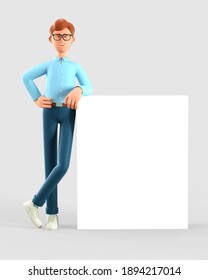 3D illustration of standing man leaning on a blank presentation or information board. Portrait of cartoon smiling businessman with advertising placard. 