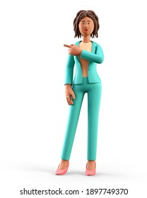 3D Illustration Of Standing Shocked African American Woman With Open Mouth Pointing Finger. Portrait Of Cartoon Emotional Businesswoman In Green Suit, Isolated On White Background.