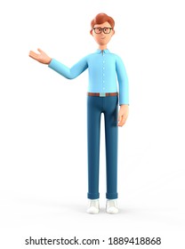 3D illustration of standing smiling man showing hand at direction. Portrait of cartoon happy businessman with eyeglasses and blue shirt, isolated on white background.