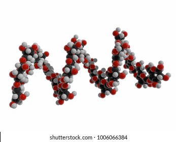 3d illustration of starch (helical amylose) biomolecule. It is polymer of glucose subunit, main carbohydrate storage molecule in plants and principal source of energy in human diet. Isolated on white.