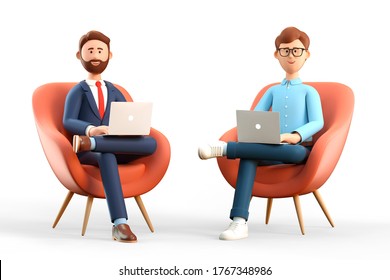 3D illustration of startup concept and business teamwork. Two happy men with laptops sitting in armchairs. Cartoon businessmen working in office and using social networks.