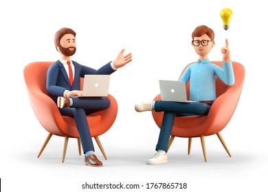 3D illustration of startup concept and business agreement. Two men with laptops,  sitting in armchairs and creating new innovation ideas. Cartoon man with bulb overhead and investing businessman.
