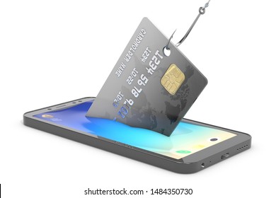 3d illustration: stealing credit cards from a mobile phone using a fishing hook. Metaphor. Safety of personal information, data protection. Security of payments.
Hacking smartphones. Computer virus.