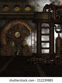 3d illustration of a Steampunk Background. Contains misc metal gadgets, gears and pressure gages,  plus a bit of steam. Ready for your photo-manipulations or 3D renders. 