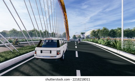 3d Illustration Of Steel Arch Bridge Across Small River In City