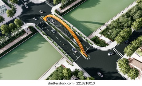 3d Illustration Of Steel Arch Bridge Across Small River In City