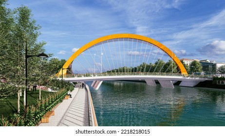 3d Illustration Of Steel Arch Bridge Across Small River In City