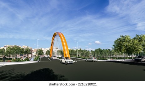 3d Illustration Of Steel Arch Bridge Across Small River In City