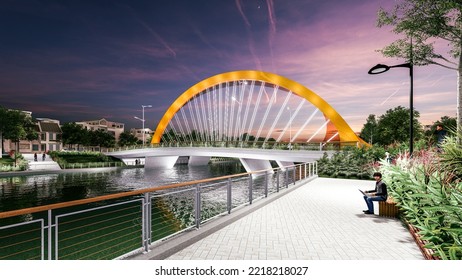 3d Illustration Of Steel Arch Bridge Across Small River In City