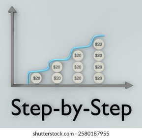 3D illustration of Step-by-Step script below a graph composed of silver coins, isolated on gray.