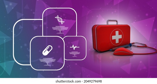 3d Illustration Stethoscope Connected Computer Mouse With First Aid Box