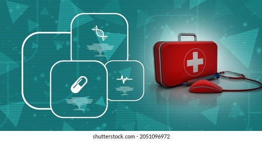 3d Illustration Stethoscope Connected Computer Mouse With First Aid Box