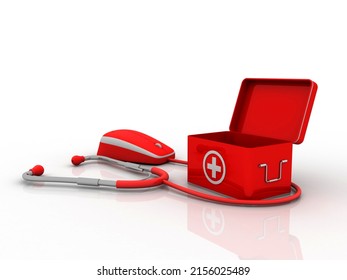 3d Illustration Stethoscope Connected Computer Mouse With First Aid Box