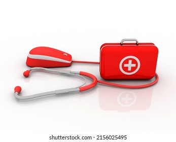 3d Illustration Stethoscope Connected Computer Mouse With First Aid Box