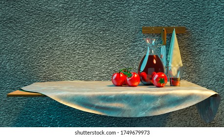 3d Illustration Of Still Life Composition Made With Fresh Tomatoes And A Bottle Of Wine On The Table Covered By A Plastic Textured Table Cloth. Perfect For PC Desktop Background. Copy Space