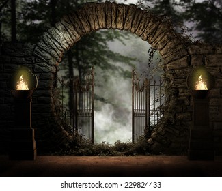 3D illustration of a stone gated moon entrance with Celtic burners on either side lighting the entrance to the forest and mist background. 