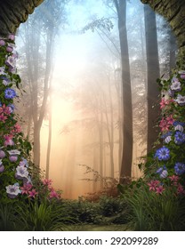 3D Illustration of a  stone woodland entryway surrounded by brightly colored flowers and vines.  A misty mysterious forest appears in the background.  Perfect for your renders and photo-manipulations 