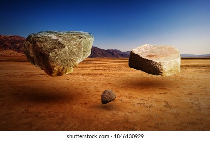 3d illustration stones and rocks floating in the air. Fantastic illustration of boulders hovering in the air above a red desert. Abstract 3d illustration with stones floating in the air. Flying stone.