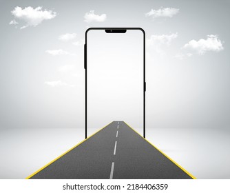 3d Illustration Of Straight Road Coming Out Of Smartphone, Realistic Road In Mobile. 3d Illustration Of Travel And Vacation Road Advertisement, Bending Road And Highway Isolated With Clouds Ads.