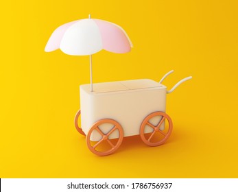 3d Illustration. Street Food Cart With Wheels Doors On Yellow Background. Fast Food Concept.