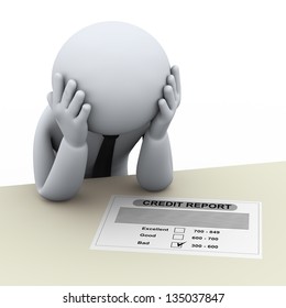 3d Illustration Of Stressed Person Worried About Bad Credit Report. 3d Rendering Of People - Human Character.