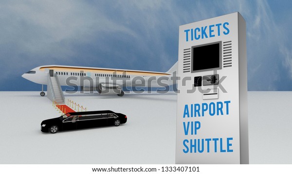 3D\
illustration of Stretch limousine delivering VIP airport passengers\
to a red carpet leading to an airplane on the runway with a sign\
for Tickets for the Airport VIP Shuttle\
service