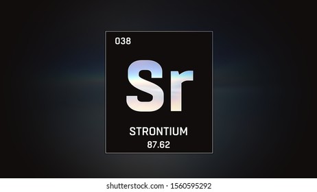3D illustration of Strontium as Element 38 of the Periodic Table. Grey illuminated atom design background with orbiting electrons. Design shows name, atomic weight and element number