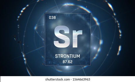 3D illustration of Strontium as Element 38 of the Periodic Table. Blue illuminated atom design background with orbiting electrons. Design shows name, atomic weight and element number