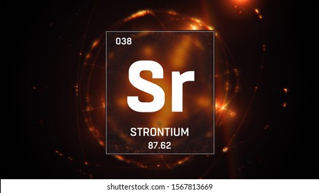 3D illustration of Strontium as Element 38 of the Periodic Table. Orange illuminated atom design background with orbiting electrons. Design shows name, atomic weight and element number