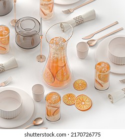 3D illustration Stylish Table Setting For 4 Persons Citrus lemonade with ice and orange slices