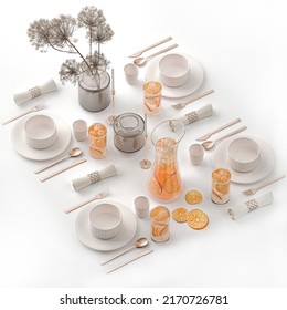 3D illustration Stylish Table Setting For 4 Persons Citrus lemonade with ice and orange slices